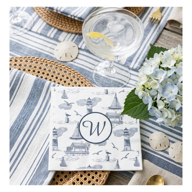 Custom Coastal Toile Monogram | Preppy Nautical  Napkin (Display photo produced by AI)