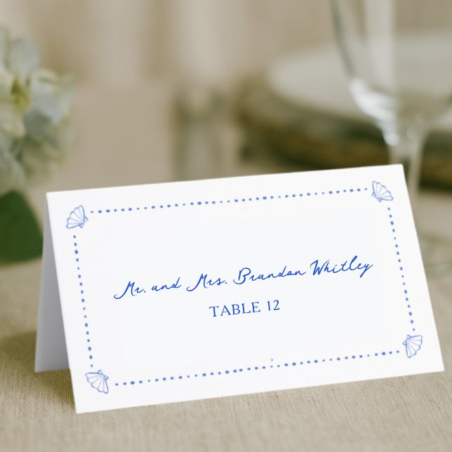 Custom Coastal Wedding Blue Seashell Place Cards (Creator Uploaded)