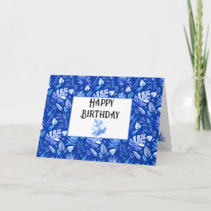 Custom Cobalt Blue Tropical Leaves Happy Birthday Card