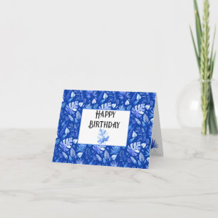 Custom Cobalt Blue Tropical Leaves Happy Birthday Card