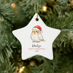 Custom Cockatiel Wearing Santa Hat First Christmas Ceramic Tree Decoration