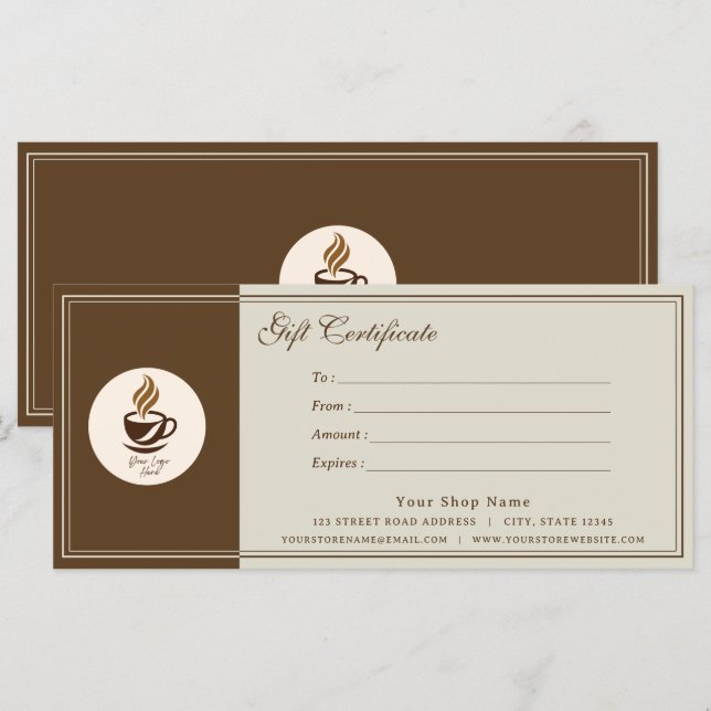 Custom Coffee Shop Gift Certificate | Personalized (Front/Back)
