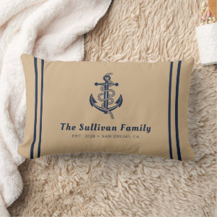 Custom Coir Nautical Tan Navy Welcome Aboard Lumbar Cushion