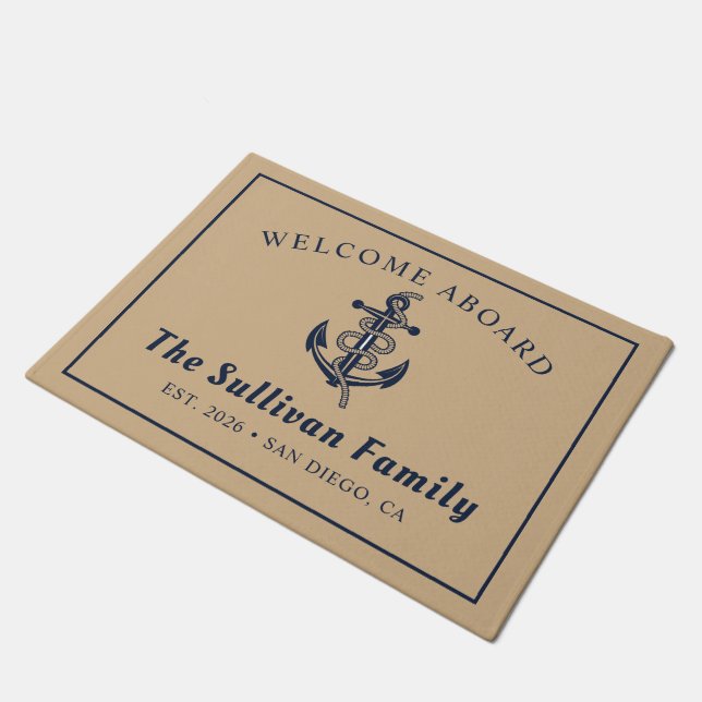 Custom Coir Nautical Welcome Aboard Family Name Doormat (Angled)
