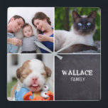 Custom Collage 4 Photos, Personalised, chalked Square Wall Clock<br><div class="desc">Personalise this wall clock with their treasured photos and update the family name. Enjoy the compliments in giving such a thoughtful gift. *Please don't hesitate to contact me if you need any assistance with my designs. It's easy enough to transfer an existing style to another Zazzle product, just let me...</div>