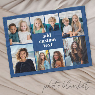 Custom Collage 8 Photo - blue with white text Fleece Blanket