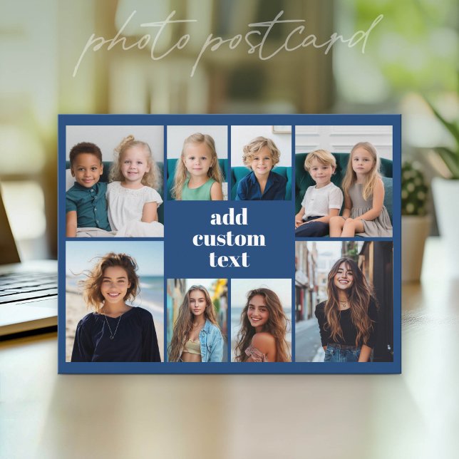 Custom Collage 8 Photo - blue with white text Postcard (Photo Postcard - Customize with your favorite photos)