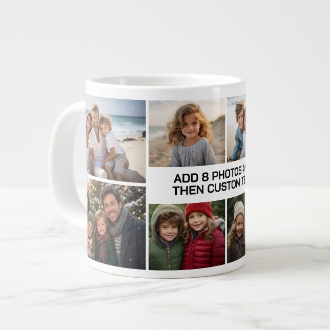 Custom Collage 8 Photo - white with black text Large Coffee Mug (Front Left)