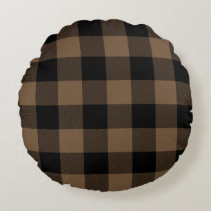 Custom Color Black and Brown Buffalo Check Plaid Round Cushion