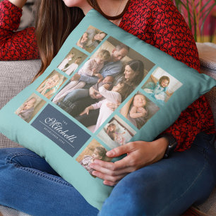 Custom Color Elegant Script Family Photo Collage Cushion