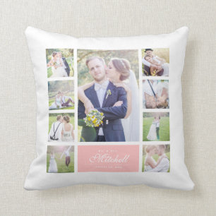 Custom Color Elegant Script Mr & Mrs Photo Collage Cushion