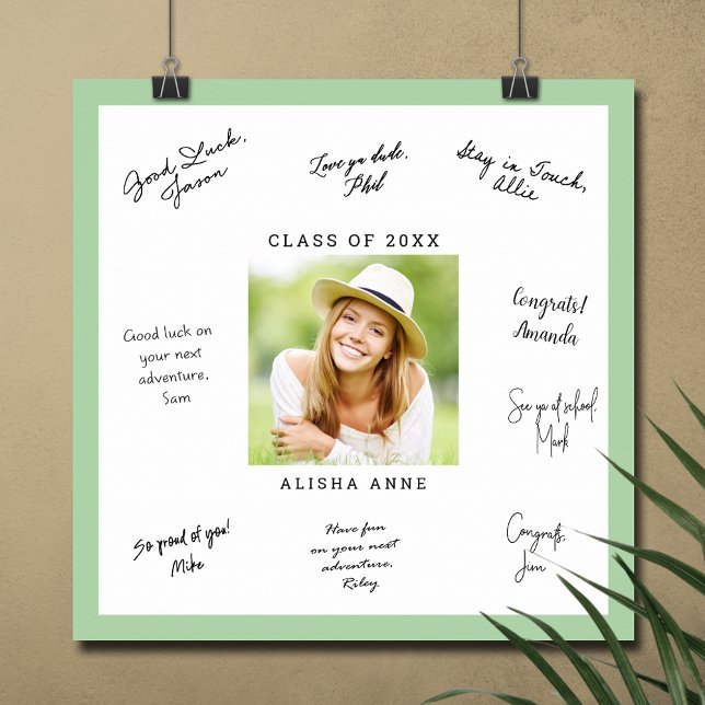 CUSTOM COLOR Photo Graduation Signature Message Poster (Graduation autograph poster with your photo and light green border, INSTANT DOWNLOAD and/or PRINTED)