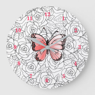 Custom Colors Wall Clock - Pink Butterfly in Roses
