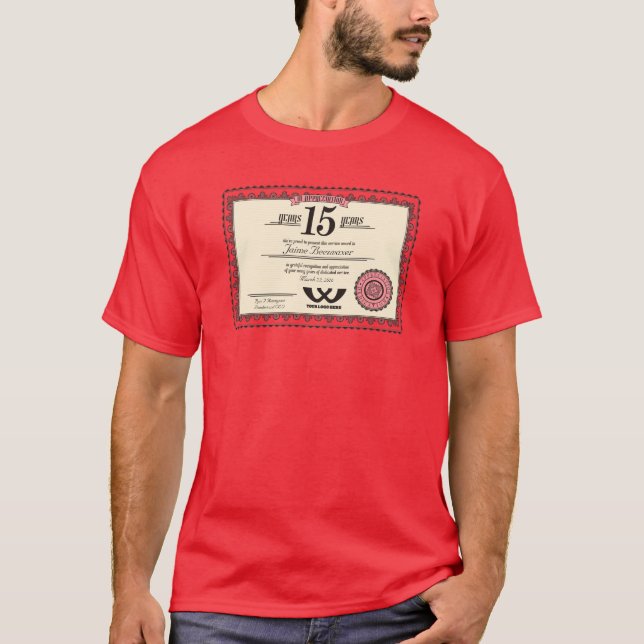 Custom colour 15 year employment service award T-Shirt (Front)