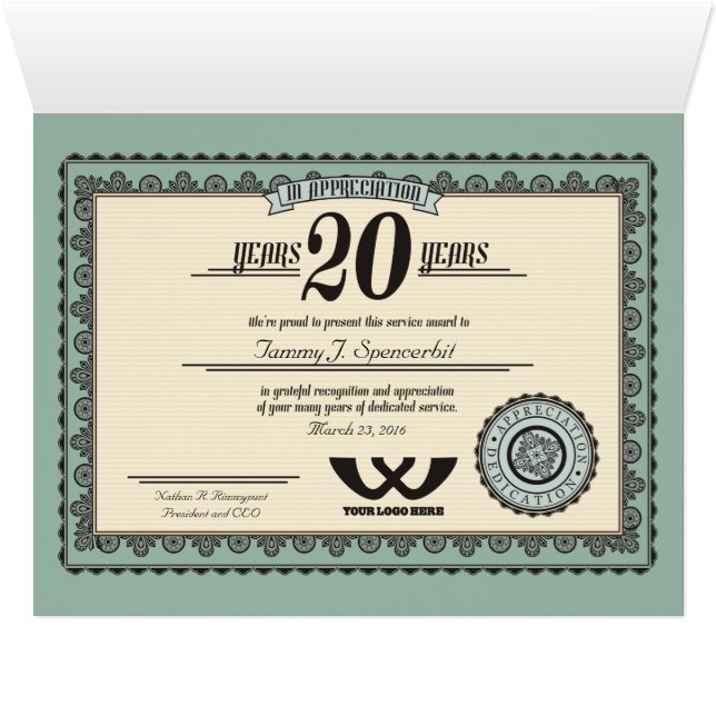 Custom colour 20 year employment service award (Inside Horizontal (Bottom))