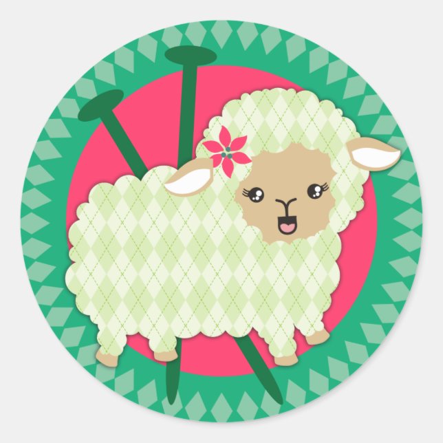 Custom colour argyle lamb sheep knitting needles classic round sticker (Front)