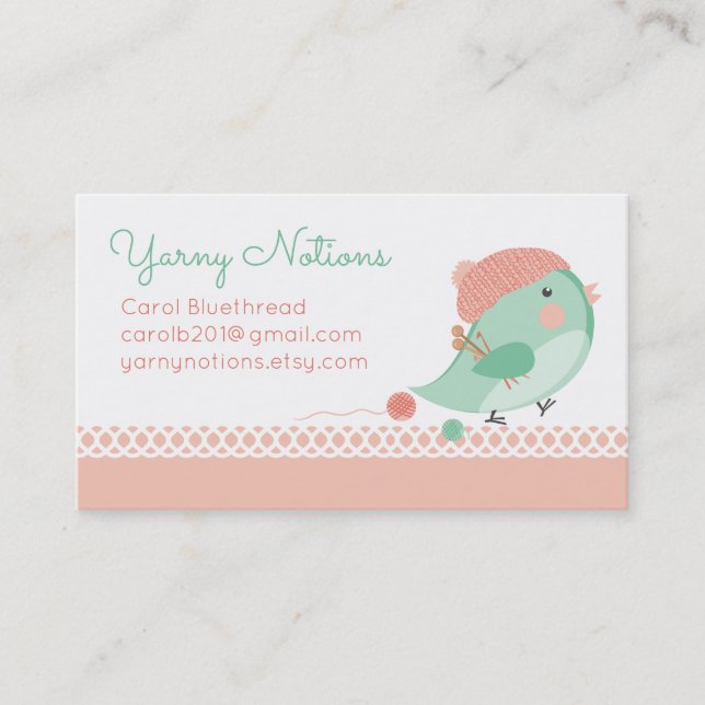 Custom colour bird knitting needles crochet hooks business card (Front)