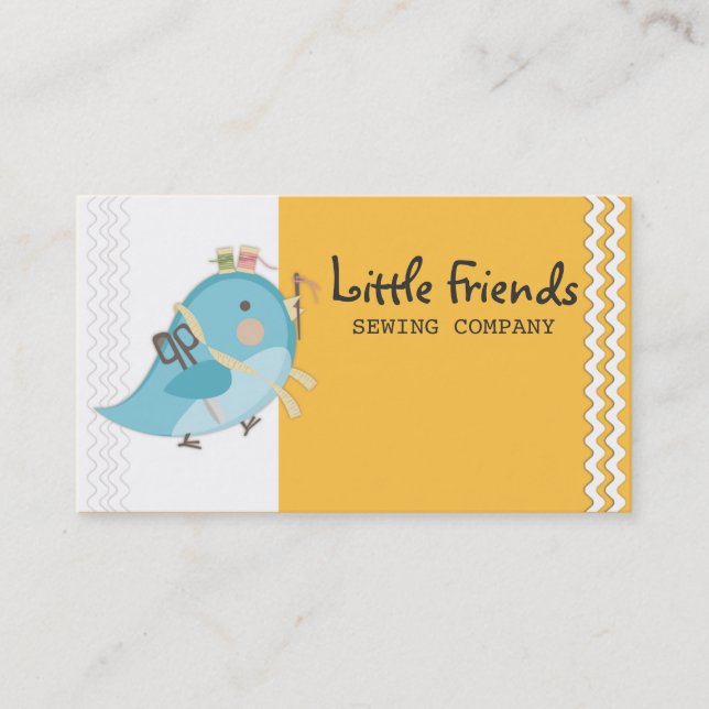 Custom colour bird seamstress sewing notions card (Front)
