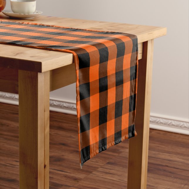 Custom Colour Black Orange Gingham Check Pattern Short Table Runner (In Situ)