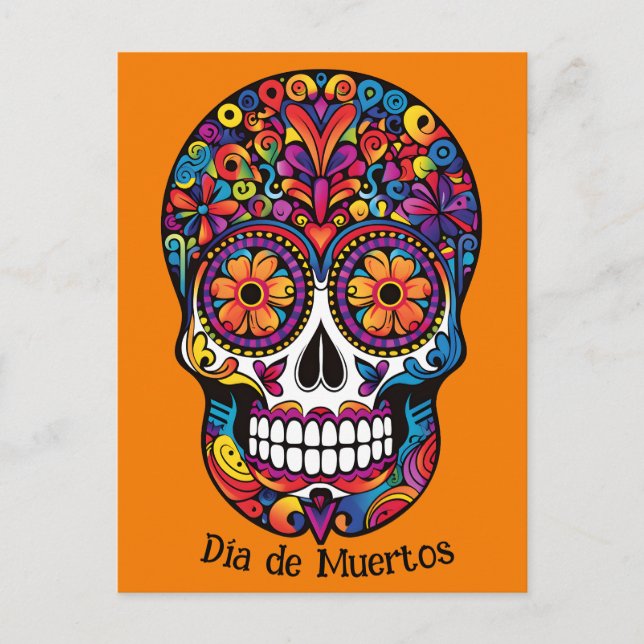 Custom colour colourful sugar skull  Día de Muerto Holiday Postcard (Front)