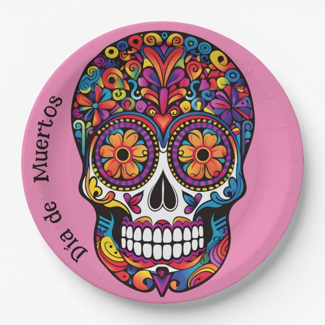 Custom colour colourful sugar skull  Día de Muerto Paper Plate (Front)