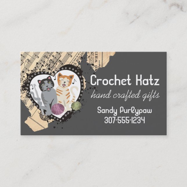 Custom colour crochet hook yarn singing cats business card (Front)