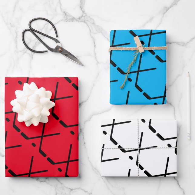 Custom colour crossed ice hockey sticks and puck wrapping paper sheet (Front)