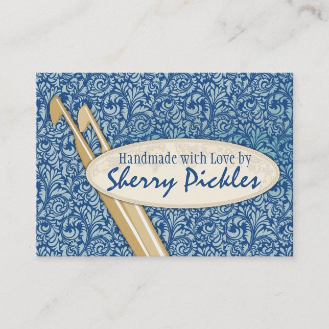 Custom colour damask knitting needles crochet business card (Front)