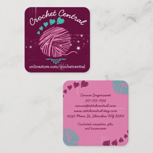 Custom colour doodle yarn crochet knitting homespu square business card (Front/Back)