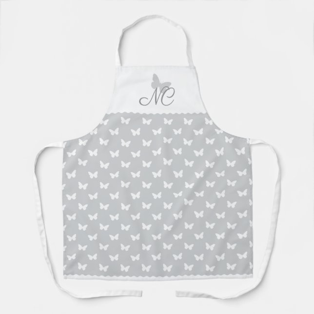 Custom Colour Elegant Monogram Butterfly Pattern Apron (Front)