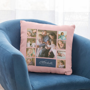 Custom Colour Elegant Script Family Photo Collage Cushion