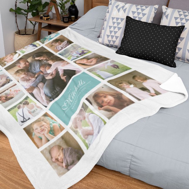 Custom Colour Elegant Script Family Photo Collage Fleece Blanket (Creator Uploaded)