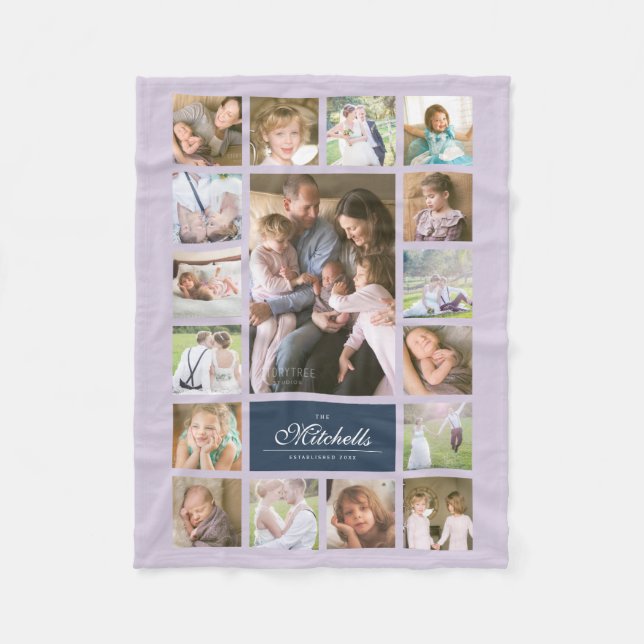 Custom Colour Elegant Script Family Photo Collage Fleece Blanket (Front)