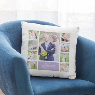 Custom Colour Elegant Script Mr & Mrs Photo Collag Cushion