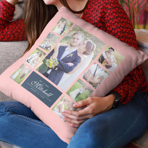Custom Colour Elegant Script Mr & Mrs Photo Collag Cushion