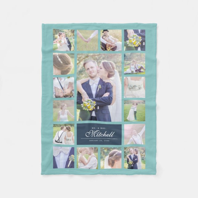 Custom Colour Elegant Script Mr & Mrs Photo Collag Fleece Blanket (Front)