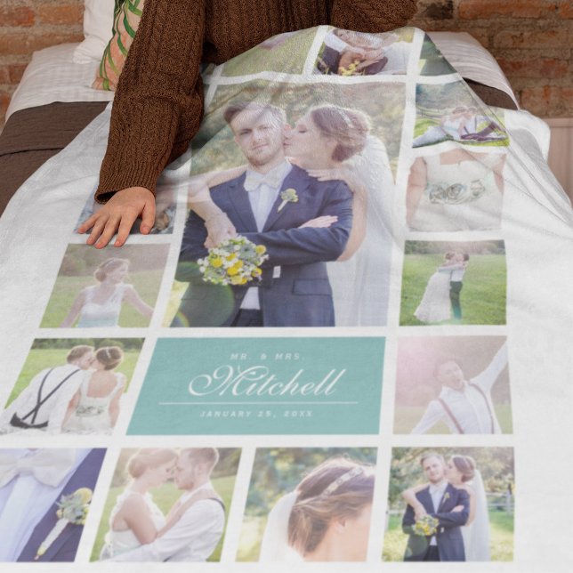 Custom Colour Elegant Script Mr & Mrs Photo Collag Fleece Blanket (Creator Uploaded)