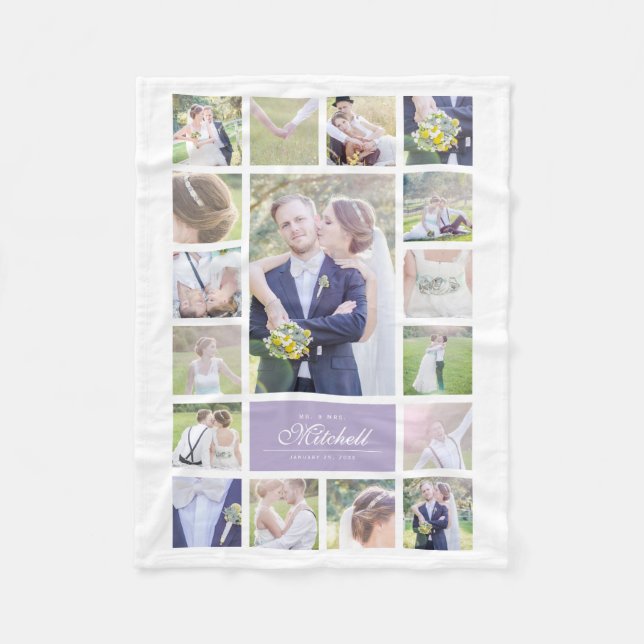 Custom Colour Elegant Script Mr & Mrs Photo Collag Fleece Blanket (Front)