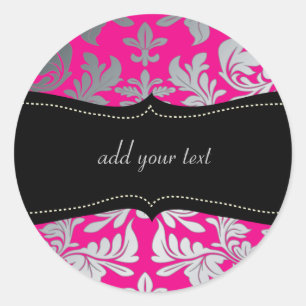 Custom Colour/Faux silver baroque damask hot pink Classic Round Sticker