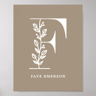 Custom Colour Floral Monogram Letter F Name Nurser Poster