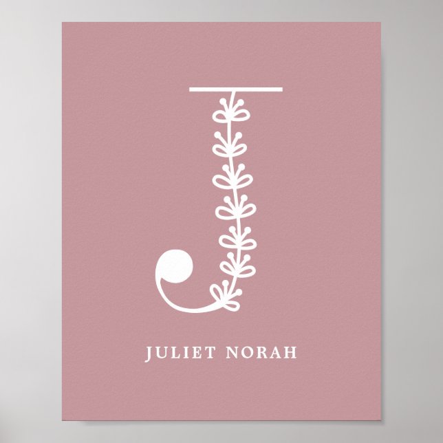 Custom Colour Floral Monogram Letter J Name Nurser Poster (Front)
