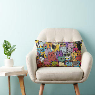 Custom Colour Funny Cats Illustration Lumbar Cushion
