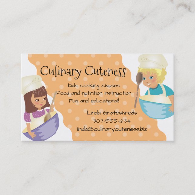 Custom colour girl boy chefs kids cooking classes business card (Front)