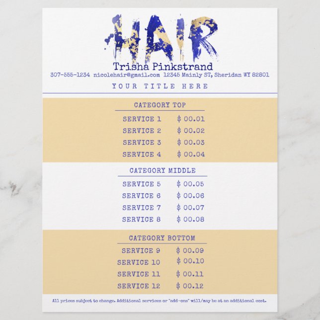 Custom colour hair stylist salon service price lis letterhead (Front)