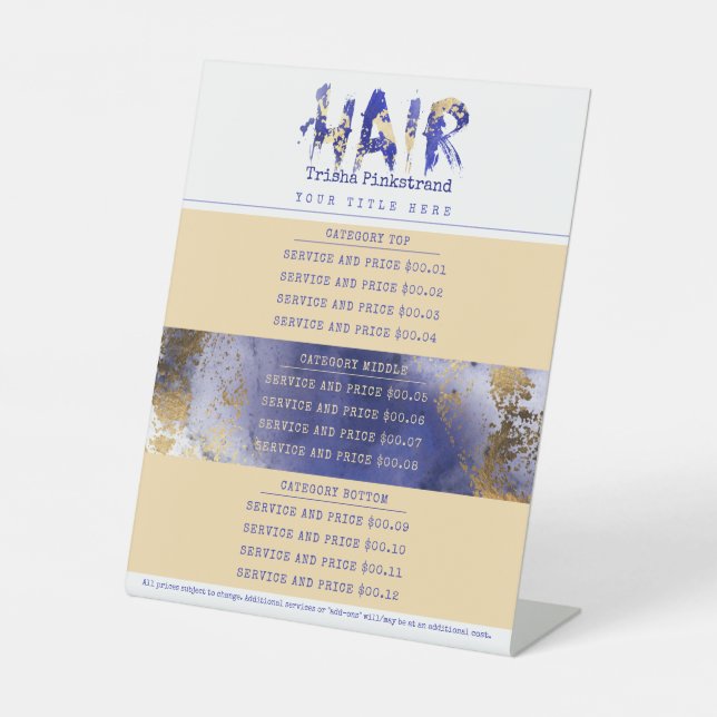 Custom colour hair stylist salon service price lis pedestal sign (Front)