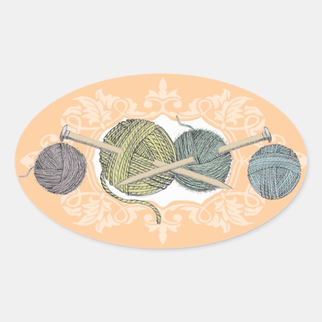 Custom colour hand drawn knitting needles yarn car oval sticker (Front)