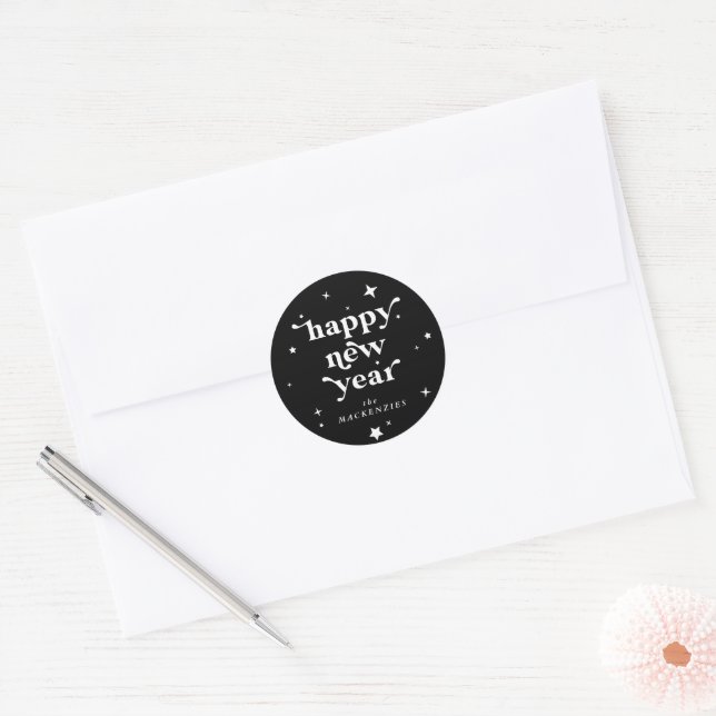 Custom Colour Happy New Year + Stars Classic Round Sticker (Envelope)