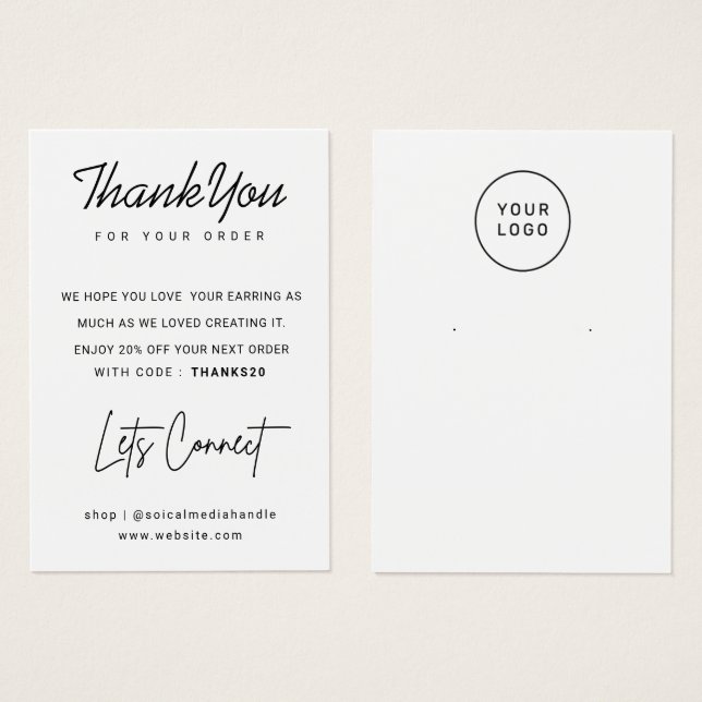 Custom Colour Logo Earring Display Thank You Card (Front & Back)