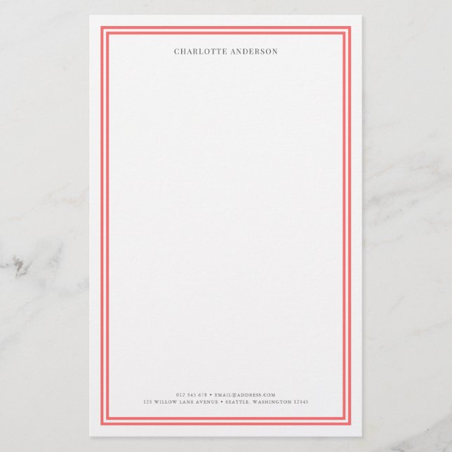 Custom Colour Modern Classic Borders Personalised Stationery (Front)
