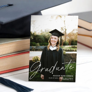 Custom Colour Modern Script White Graduation Photo Announcement